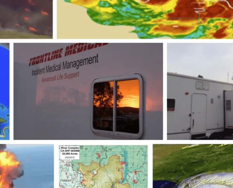 Collage of emergency response and weather maps.